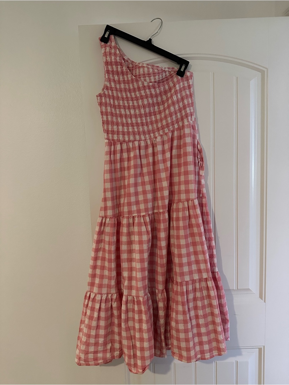 Pink Gingham Tiered One-Shoulder Kids Dress